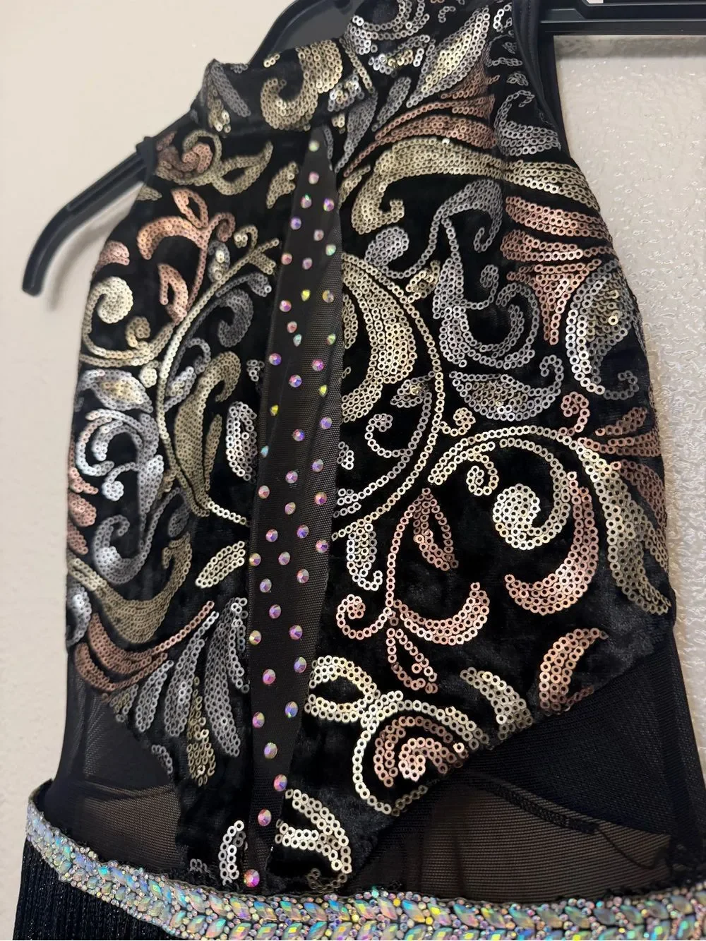 Ilo Gear glam black custom dance costume leotard rhinestoned velvet fringe LC